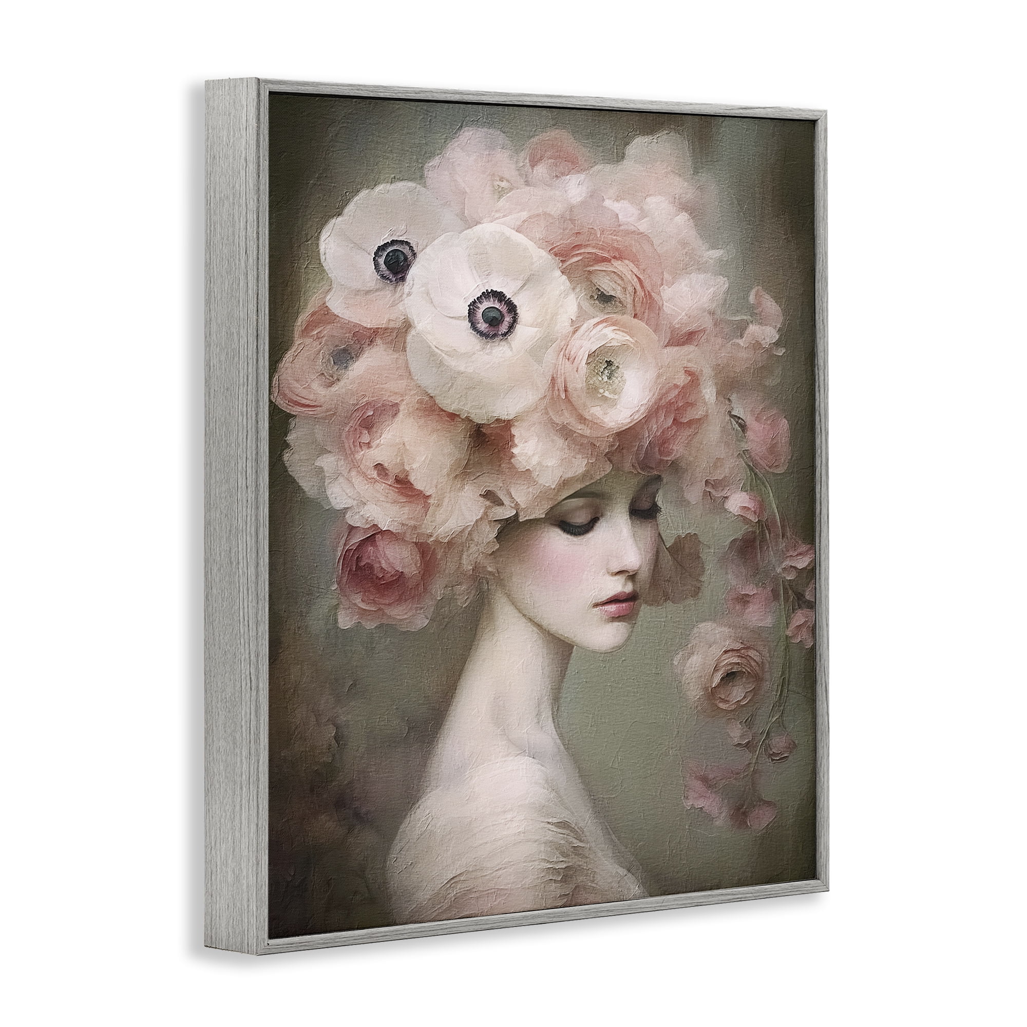 Stupell Industries Woman & Blush Florals Novelty Painting Gray Framed Art Print Wall Art, 11 x 14