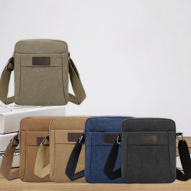 Bolso de hombro de lona para hombre | Bandolera media estilo coreano, ejercicio casual matutino con múltiples bolsillos, gran capacidad, tela natural duradera, azul caqui negro café verde, 20x16x6cm