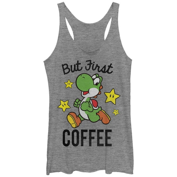 Women's Nintendo Yoshi First Coffee Racerback Tank Top Gray Heather X Large