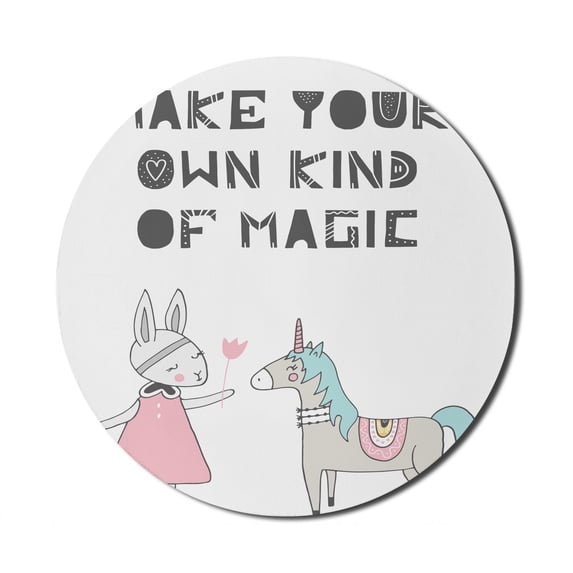 Cartoon Mouse Pad for Computers, Bunny in a Dress Unicorn Scandinavian Style and Magic Words, Round Non-Slip Thick Rubber Modern Gaming Mousepad, 8" Round, Multicolor, by Ambesonne