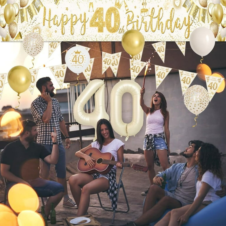 Yansion 40th Birthday Decorations for Men Women, Sand White Gold Theme Party Decor, Beige White Gold Latex Balloons and Happy 40th Birthday Banner,