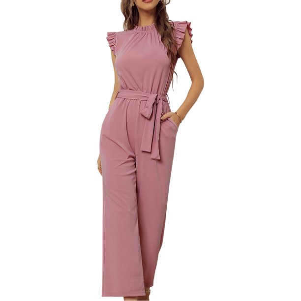 SAYOO Mono de Mujer, Mono de Color Liso con Cuello Redondo Sin Mangas con Volantes y Bolsillos para Verano, S/M/L/XL SAYOO Diaria