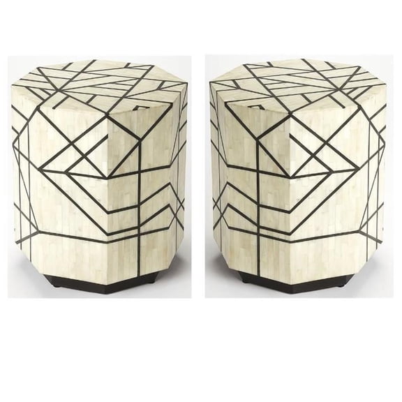 Home Square Accent End Table in Black & White Bone Inlay - Set of 2
