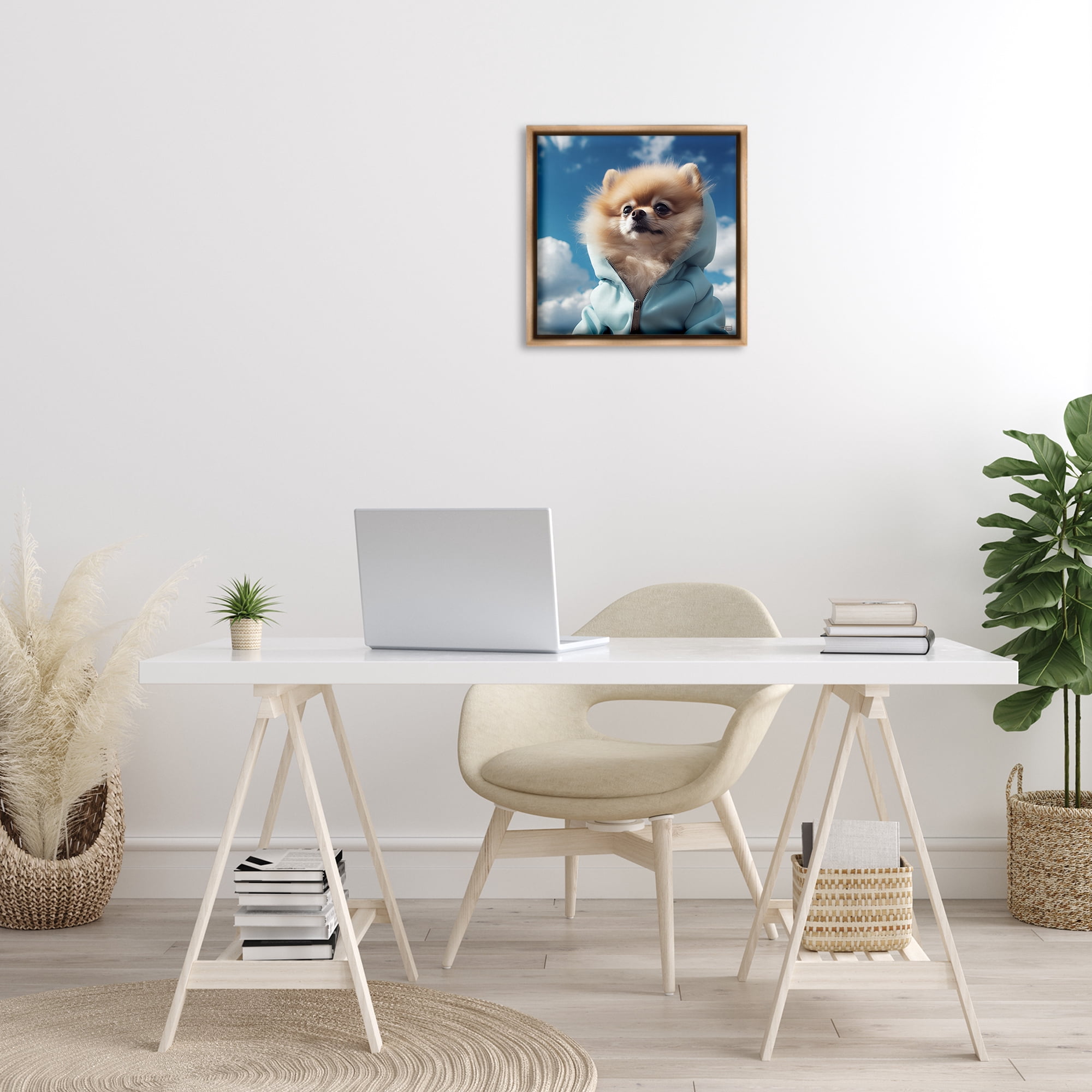 Stupell Industries Pomeranian Dog & Clouds Animals & Insects Painting Brown Floater Framed Canvas Art Print Wall Art, 18 x 18