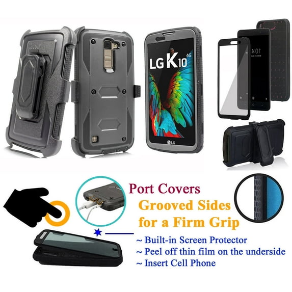 for 5.3" LG K10 2016 Premier LTE Case Phone Case 360° Cover Screen Protector Clip Holster Kick stand Armor Layers Grip Sides Shock Bumper Black