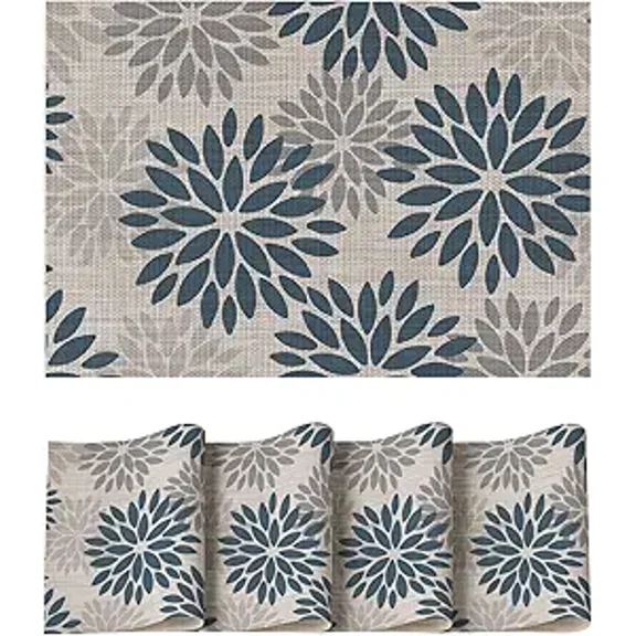 Floral Vinyl Plastic Placemats Set of 6, 12 x 18 Inch Blue Grey PVC Woven Place Mats for Kitchen Dining Table, Party and Daily Decor
