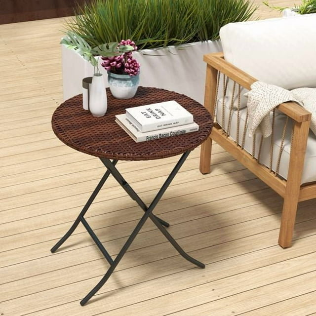 Round Folding Commercial Banquet Table, Portable Plastic Rattan Coffee Card Dining Table for Kitchen or Outdoor Party Wedding Event, 1 Pack, Brown