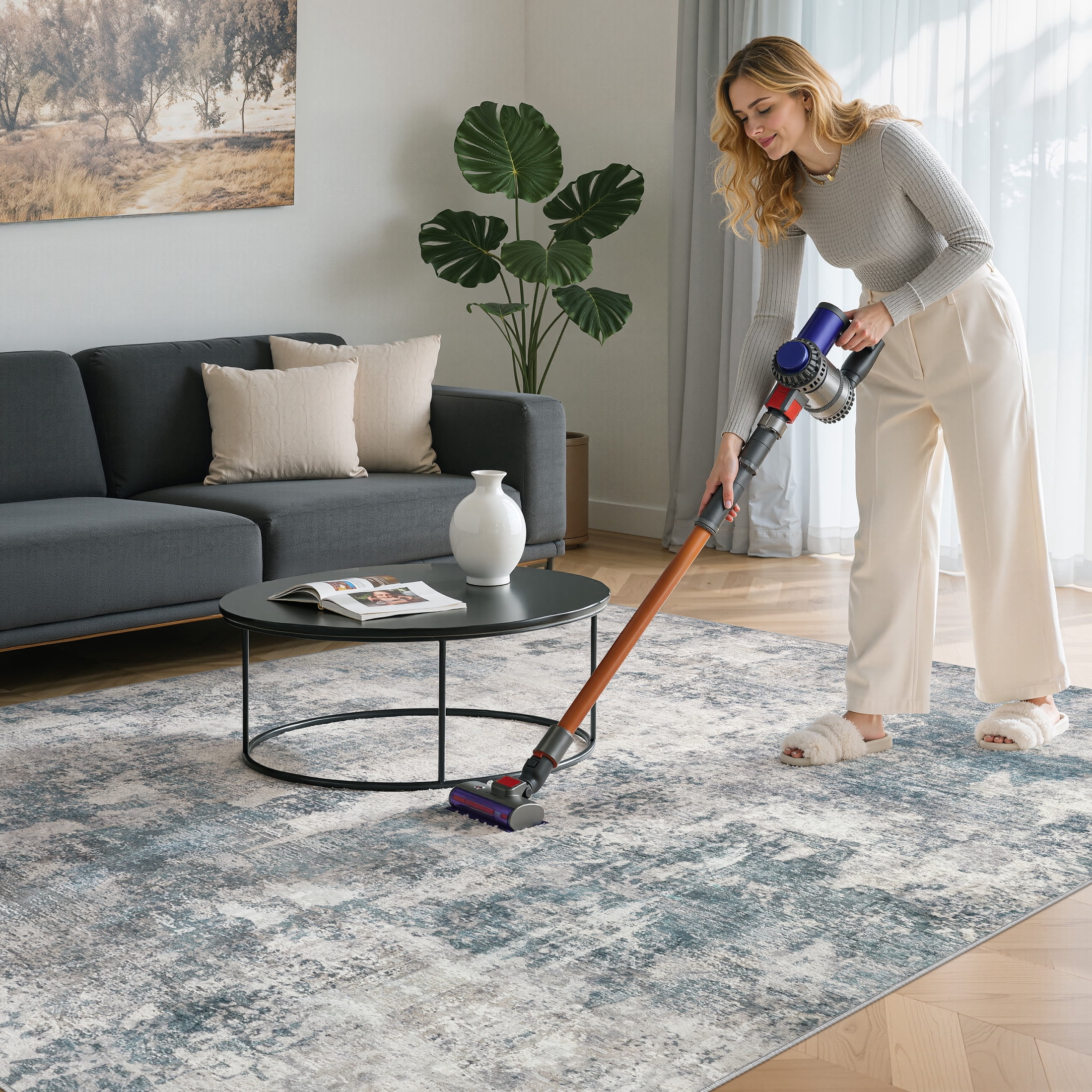 UERMEI 9x12 Washable Area Rugs for Living Room, Modern Abstract Printed Rug, Vacuum-Friendly, Non Slip Indoor Rug for Bedroom Dining Room Home Decor Carpet, Dark Blue/Gray