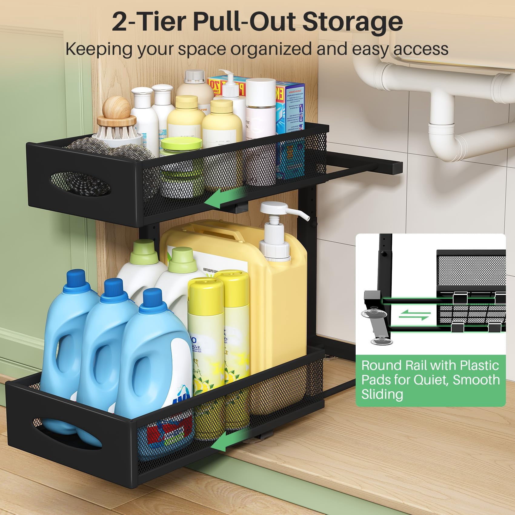 Under Sink Organizer  2 Tier Pull Out Cabinet Baskets With Sliding Drawers Slide Storage Shelf For Home Kitchen Bathroom Pantry Office Countertop(1 Pack)