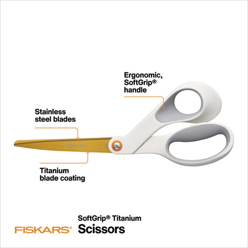 SoftGrip Titanium Scissors, 8" Long, 4" Cut Length, Offset White Handle | Bundle of 10