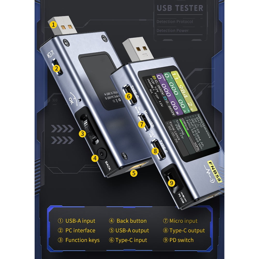 RANMEI Fnb58 Digital Voltmeter Current Tester Usb Type C Fast Charge Current Meter Tool
