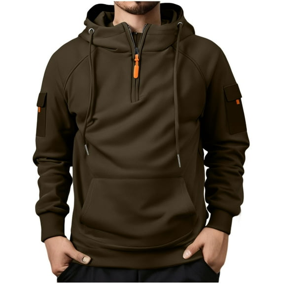 Riecok Cargo Sweatshirts for Men Long Sleeve Hooded Jackets Zip Up Coats with Pockets Solid Casual Trendy Clothes Drawstring