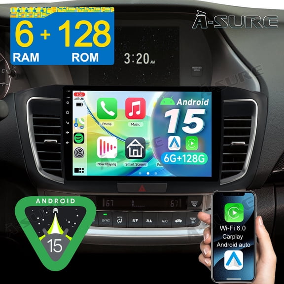 8-Core Android 15 Radio 6 128GB Car Stereo for Honda Accord 2013-2017 Low-end, Support Apple CarPlay/GPS Navi/4G LTE/Wi-Fi/BT 5.4/DSP/1280HD