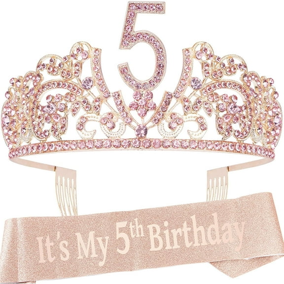 VeryMerryMakering 5th Birthday Sash and Tiara for Girls - Fabulous Glitter Sash   Flowers Rhinestone Pink Premium Metal Tiara for Girls, 5th Birthday Gifts for Princess Party