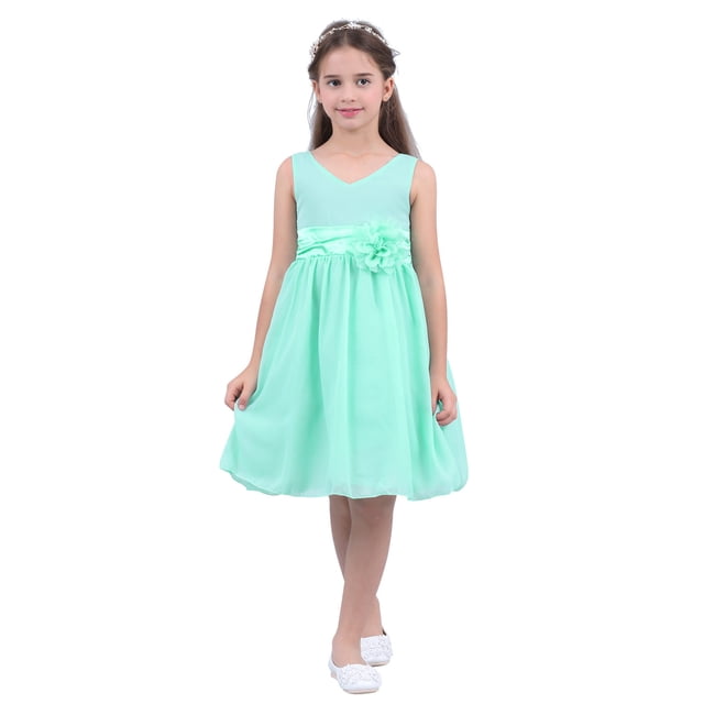 YUUMIN Robe de Demoiselle d'Honneur pour Enfants en Mousseline à Col en V, Robe à Broche Épinglée de Fleurs pour Mariage, Banquet, Fête d'Anniversaire Turquoise 12