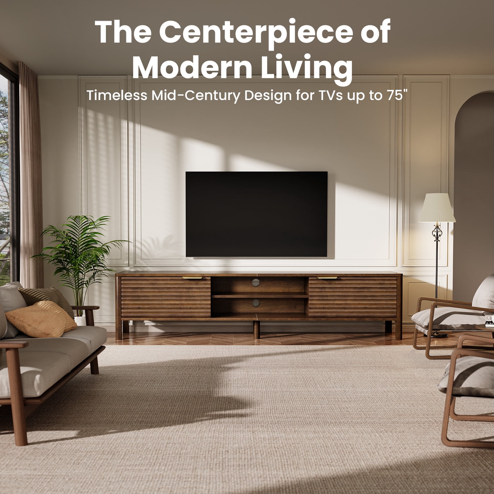 Domusio Fluted TV Stand for TVs up to 65" Mid-Century Media Console with Open Storage Entertainment Center for Living Room, Walnut