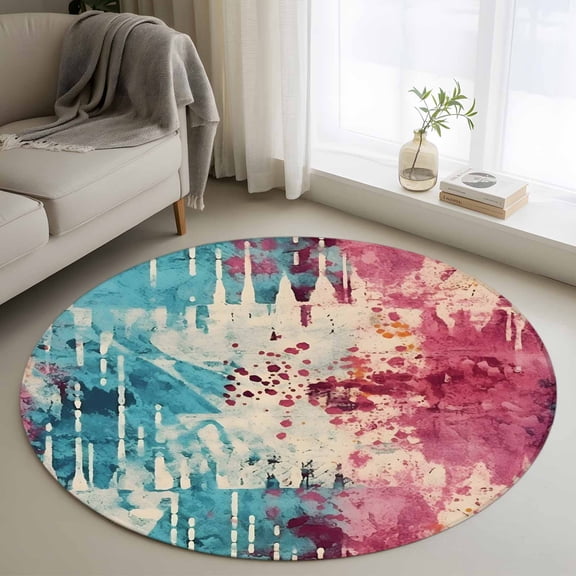 Round Rugs 3Ft, Teal Pink Orange Round Area Rug Washable Indoor Throw Carpet, Boho Vintage Abstract Splashing Art Small Non Slip Circle Rug for Bedroom Living Room Home Decor Aesthetic