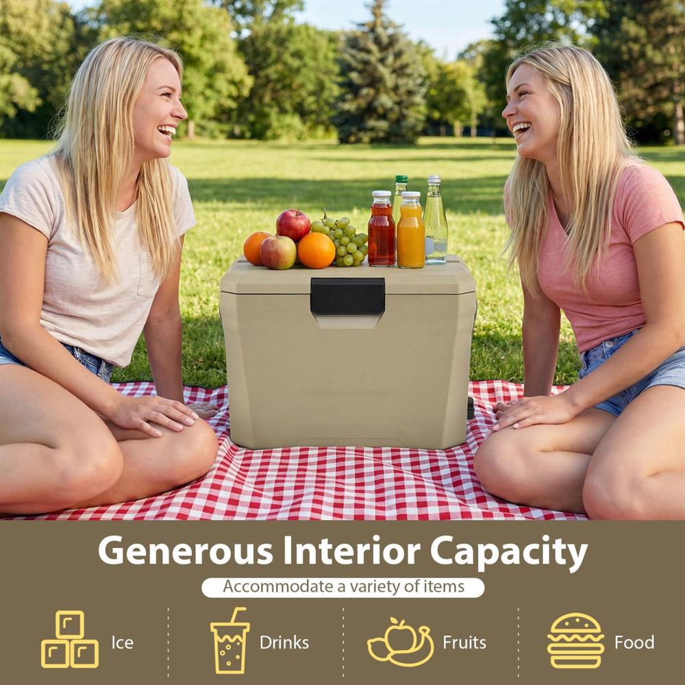 Topcobe Insulated Portable Cooler Hard Shell Ice Chest with 2 Cup Holders, Portable Water Cooler, Cooler with Wheels-Sand Color