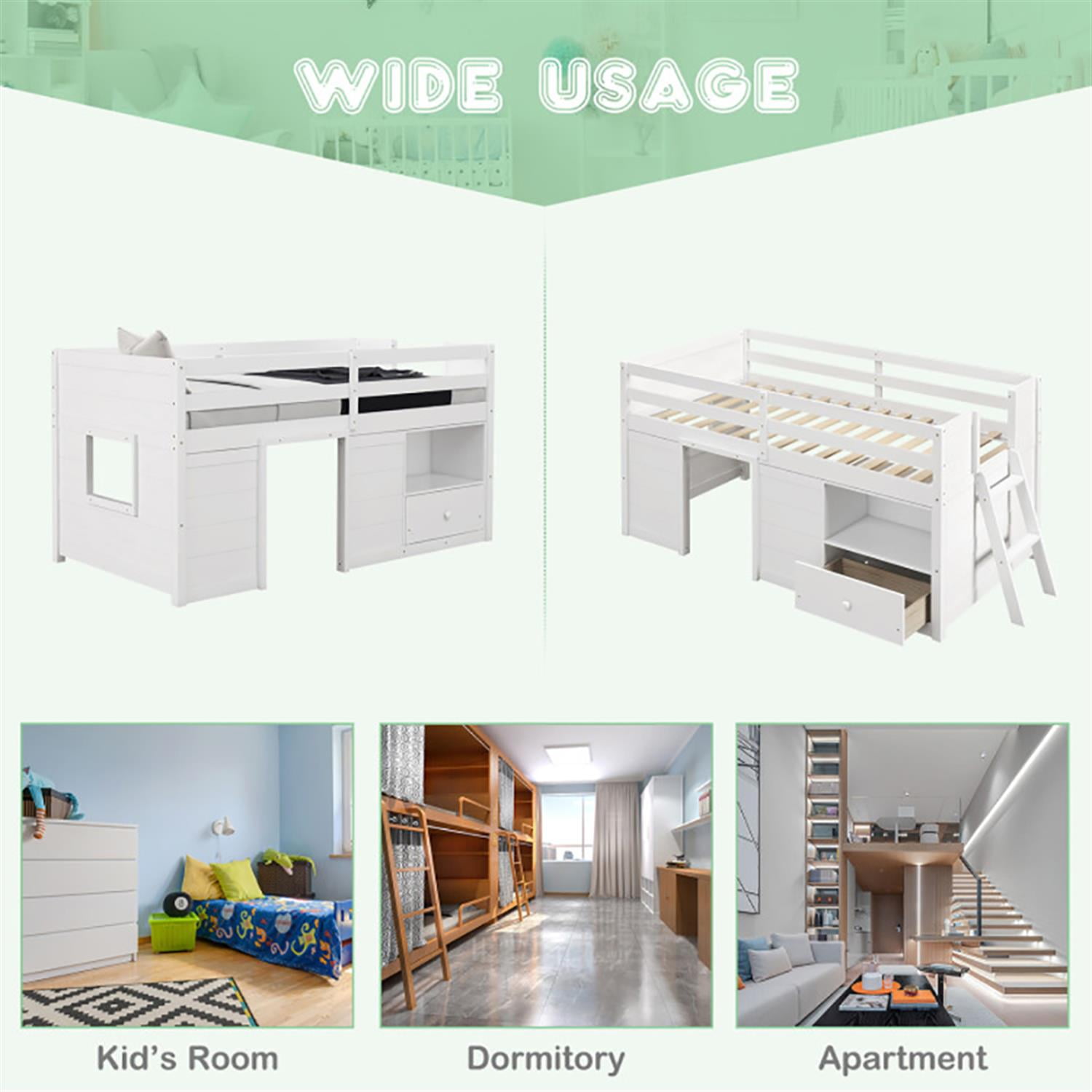 Demi Bonn Twin Size Solid Wood Low Loft Bed with Storage and Drawer for Teens, White