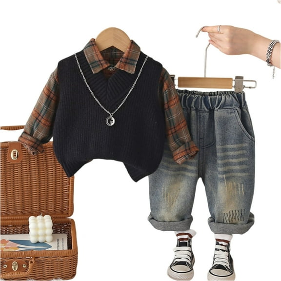 Toddler Boys Three Piece Outfit Set Plaid Shirt Knitted Vest and Denim Pants Casual Long Sleeve Top and Jeans