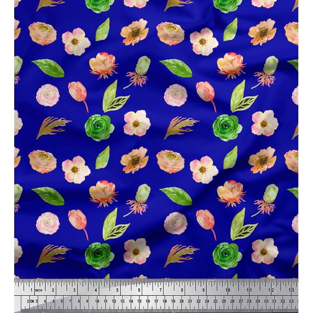 Soimoi Blue polyester Crepe Fabric Anemone & Leaves Printed Fabric 1 Yard 42 Inch Wide