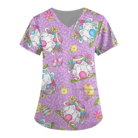 

Mlqidk Easter Printed Scrub Tops for Women Breathable Easter Eggs Bunny Pattern V-Neck T-Shirts Tee Scrubs Top with Pockets
