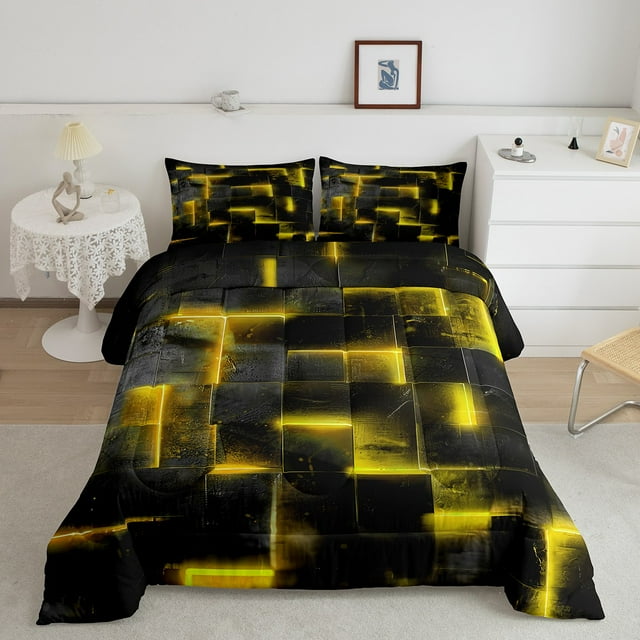 YST Yellow and Black Geometric Comforter Set Twin,3D Square Plaid Bedding Set for Girls Boys,Glowing Neon Geometry Comforter Set Reversible Soft,Abstract Checkered Quilt Bed Set 2Pcs