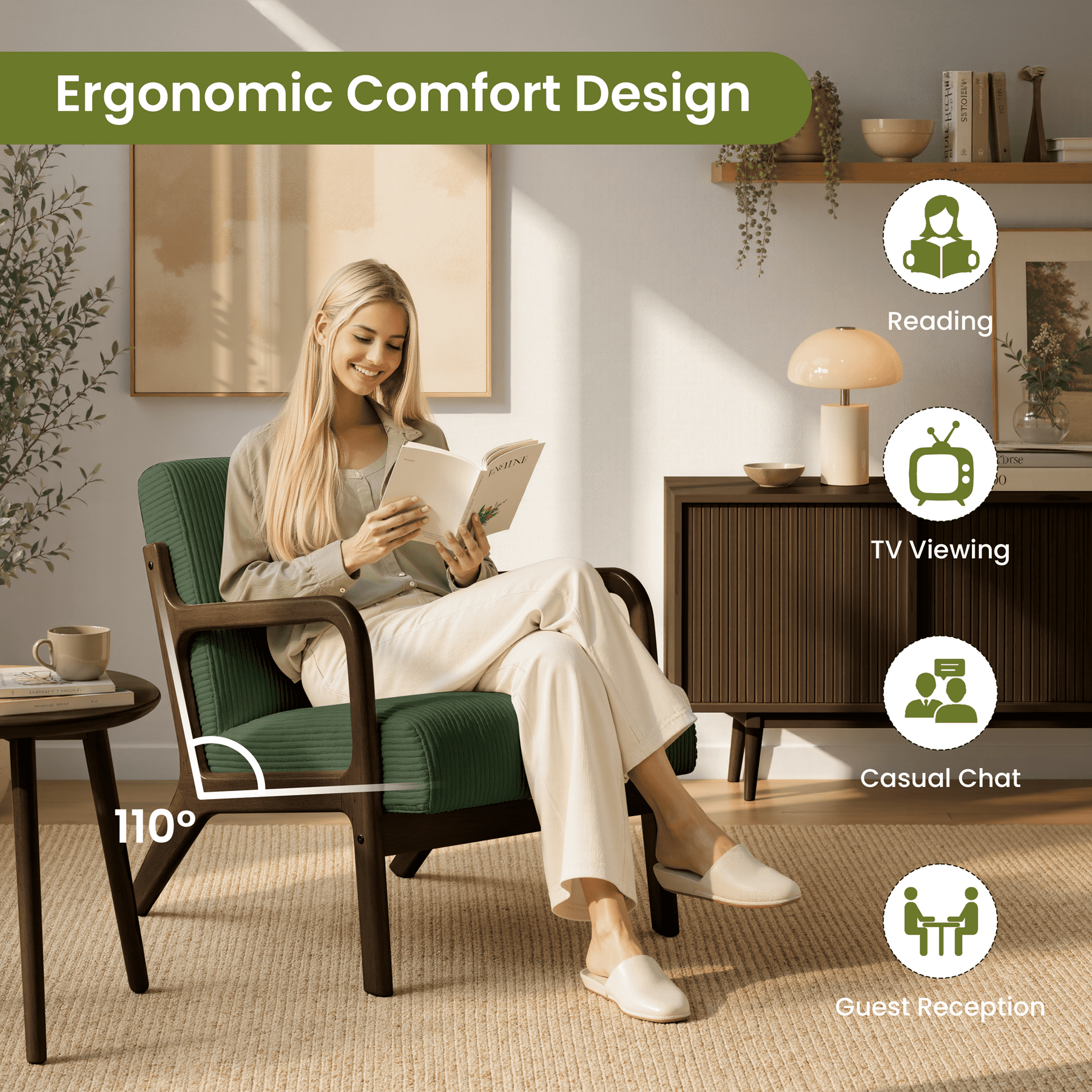 Renwick Mid-Century Corduroy Accent Chair, Modern Armchair with Wood Frame and Pillow for Living Room Bedroom Furniture, Set of 2, Dark Green