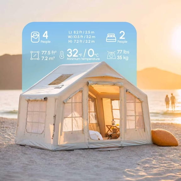 Coody Premium Inflatable Camping Tents with Pump, Inflatable Cotton Canvas Air Beam Glamping Tent for 4-Person Family,Beige