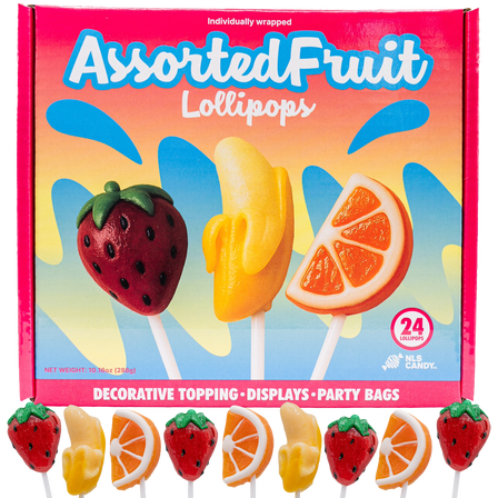 Assorted Fruit Lollipops, Strawberry Banana Orange Flavors, Individually Wrapped, 24 Count, 14.2 oz
