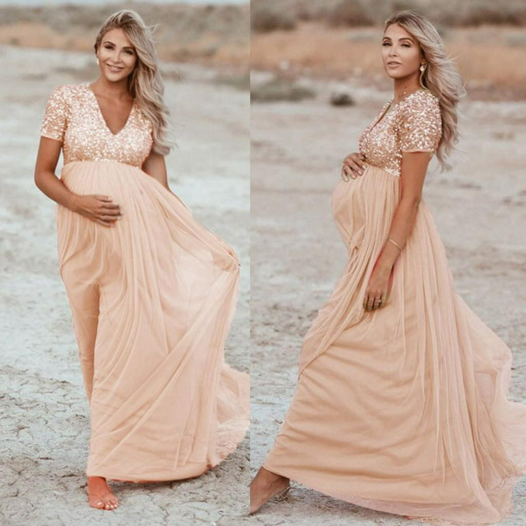 Snorda Maternity Dress for Photoshoot V Neck Sequins Dresses Pregnancy  Party Gowns Lace Long Dresses 