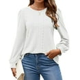 thumbnail image 2 of Long Sleeve Eyelet Tops for Women 2025 Spring Fall Crew Neck Shirts Casual Loose Blouse Trend Outfits Clothes White M, 2 of 8