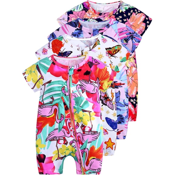 ATAIKU Infant Baby Girls 2 Way Zipper Romper Toddler Girls Cotton Jumpsuit Newborn Short Sleeve One-piece Sleeper 3M-3T, 1PCS Flamingo