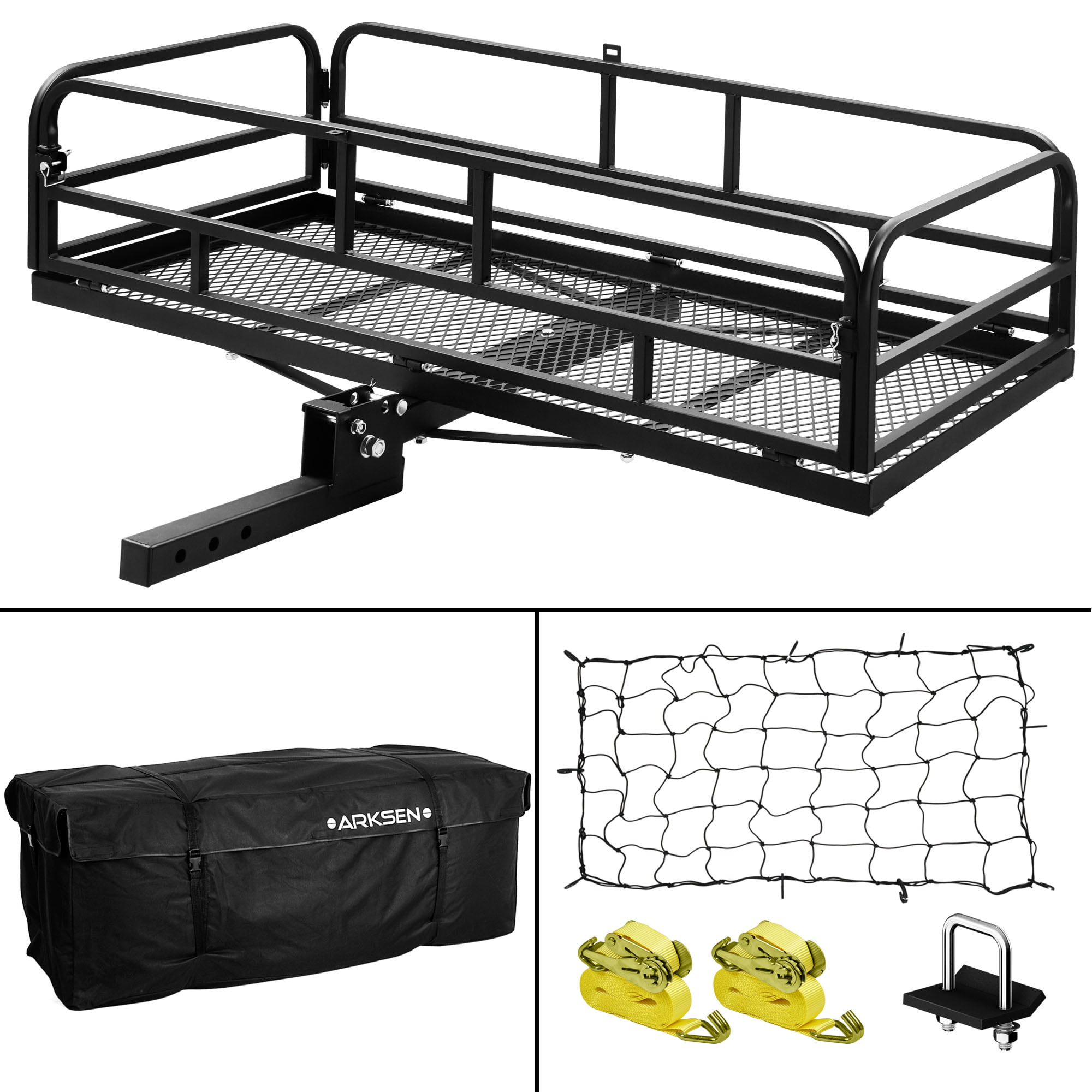 ARKSEN Foldable 60x 24x 14 Luggage Basket With Cargo Net Trailer Hitch Carrier Fit 2 Receiver,360 lbs Capacity 