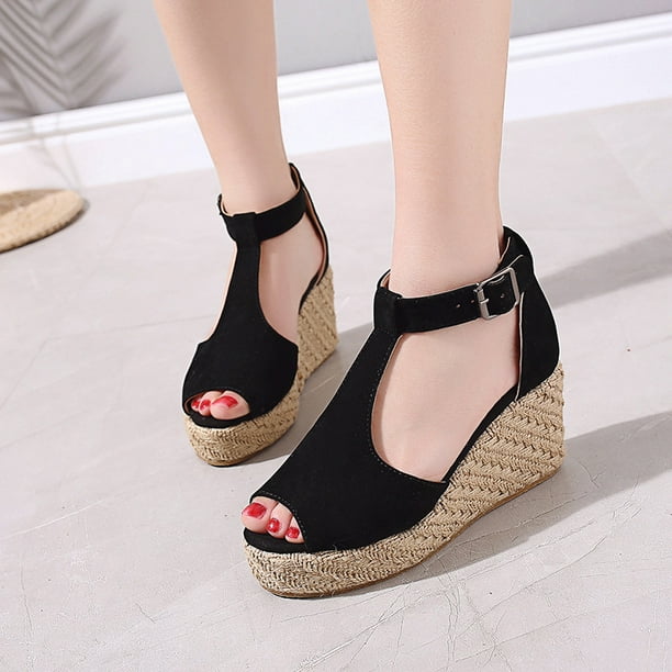 Sandalias de tacón de cuerda de cáñamo de verano con correa de tobillo para mujer a la moda Wmkox8yii shjk935