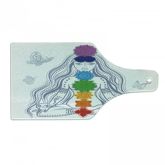 Colorful Cutting Board, Girl in Lotus Colorful Stones Yoga Relax Theme Oriental, Decorative Tempered Glass Cutting and Serving Board, Wine Bottle Shape, Multicolor, by Ambesonne