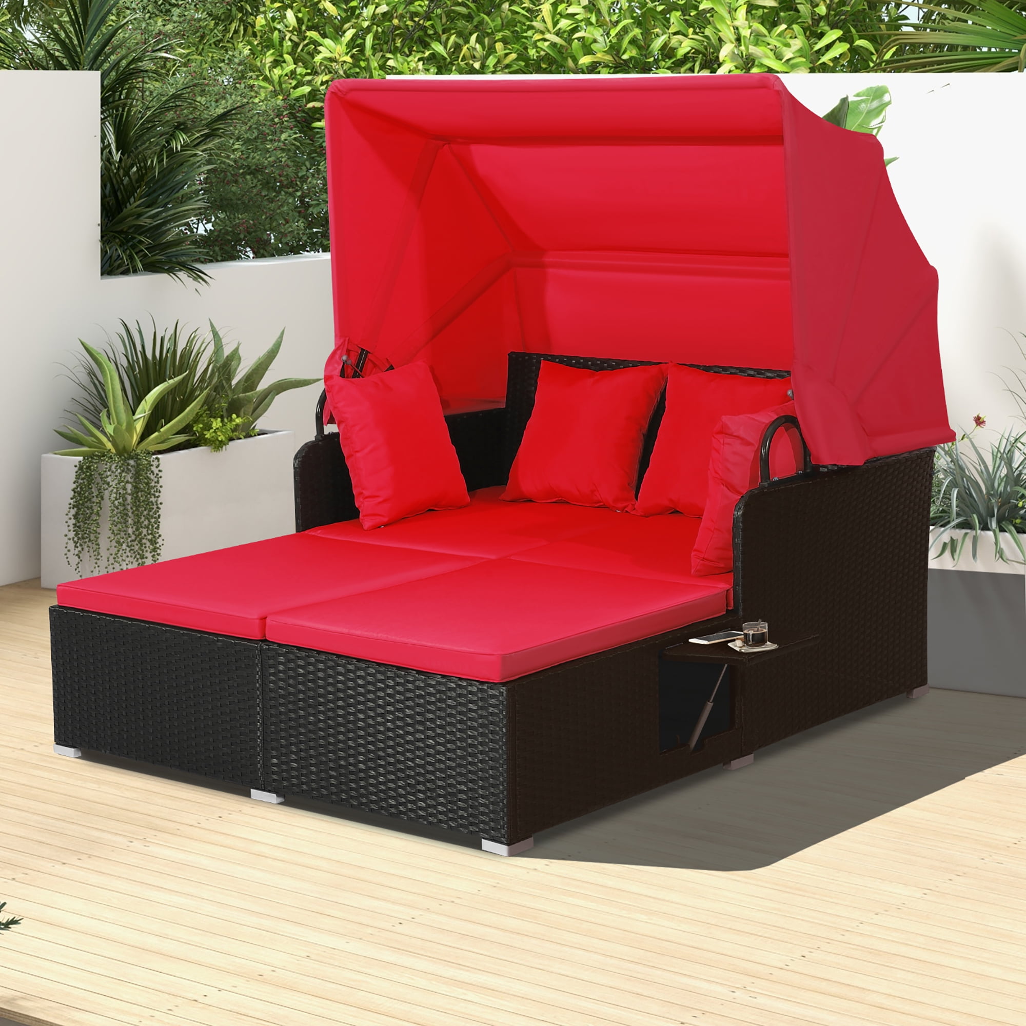 Costway Outdoor Patio Rattan Daybed Thick Pillows Cushioned Sofa Furniture  Red