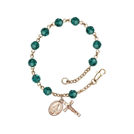 14 Karat Yellow Gold Rosary Bracelet 6mm December Blue Swarovski beads Crucifix sz 5/8 x 1/4.