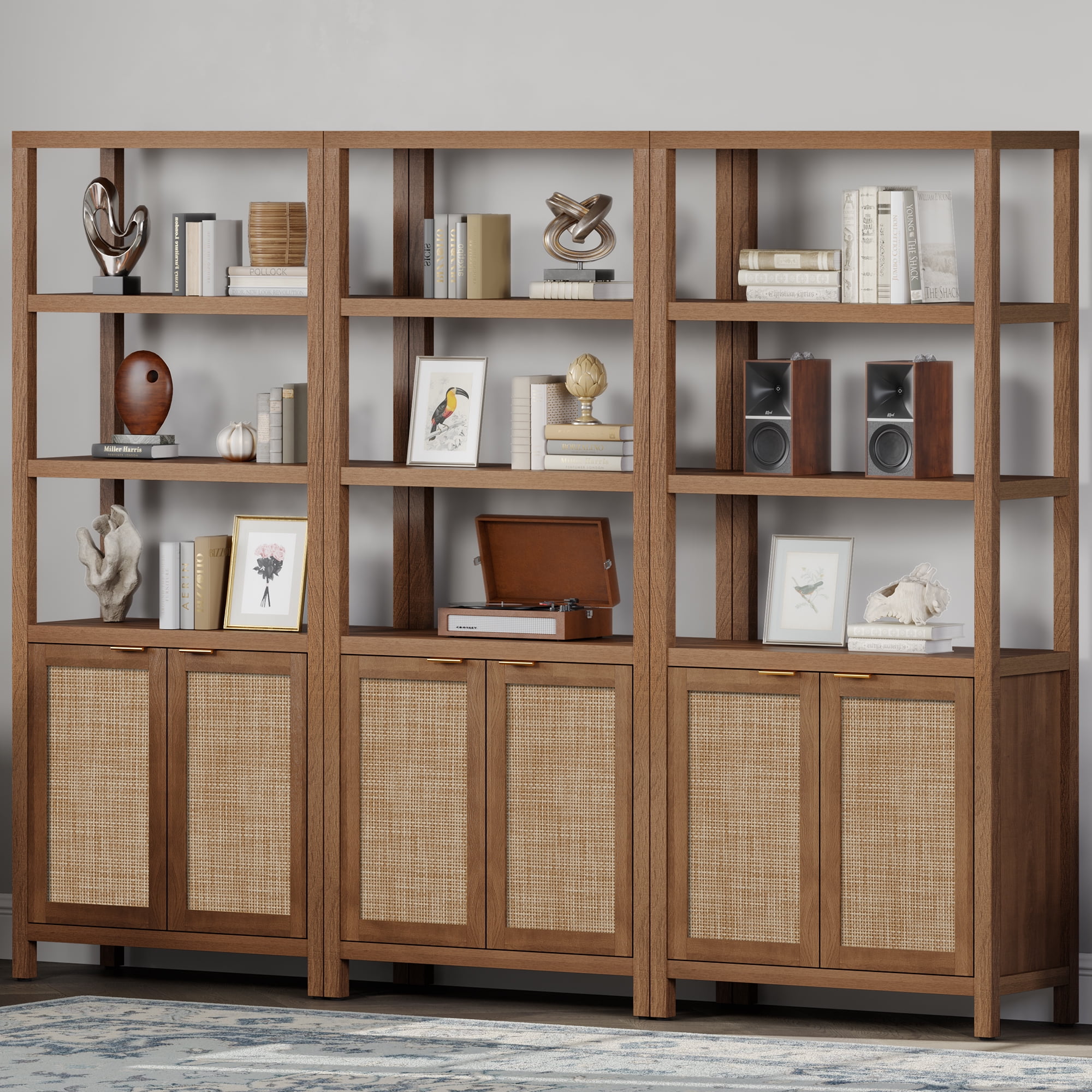 SICOTAS 71" Tall Bookcase with Doors, Boho 5 Tier Rattan Bookshelf Set of 2, Mid-Century Bookcase with Storage Cabinet for Living Room, Bedroom, Library & Home Office in Oak