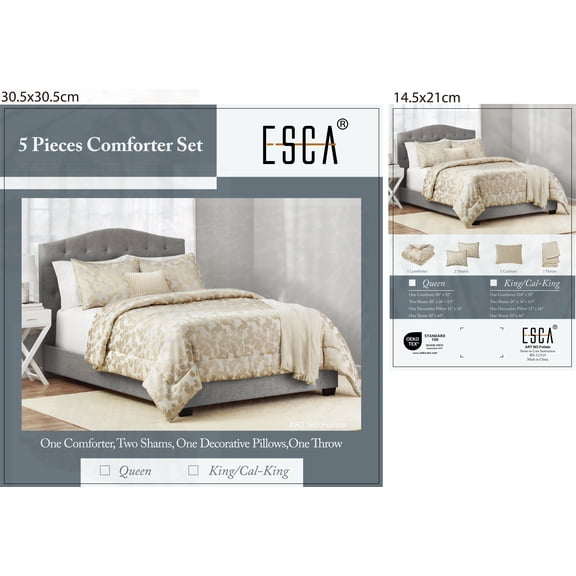5-Piece Lux Jacquard Comforter Set in Beige & Gold, Queen