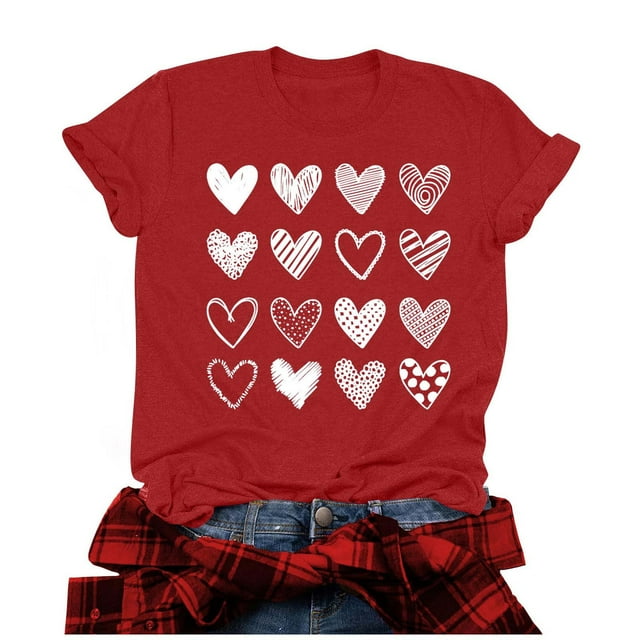 Penkiiy T-Shirt Graphique Cœur pour Femmes, Col en V, Saint-Valentin, Couple Assorti, Manches Courtes, Cadeau, Rouge