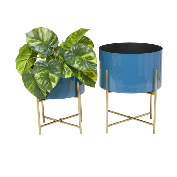 DecMode 12"W, 15"H Metal Modern Planter, Blue, 1-Piece