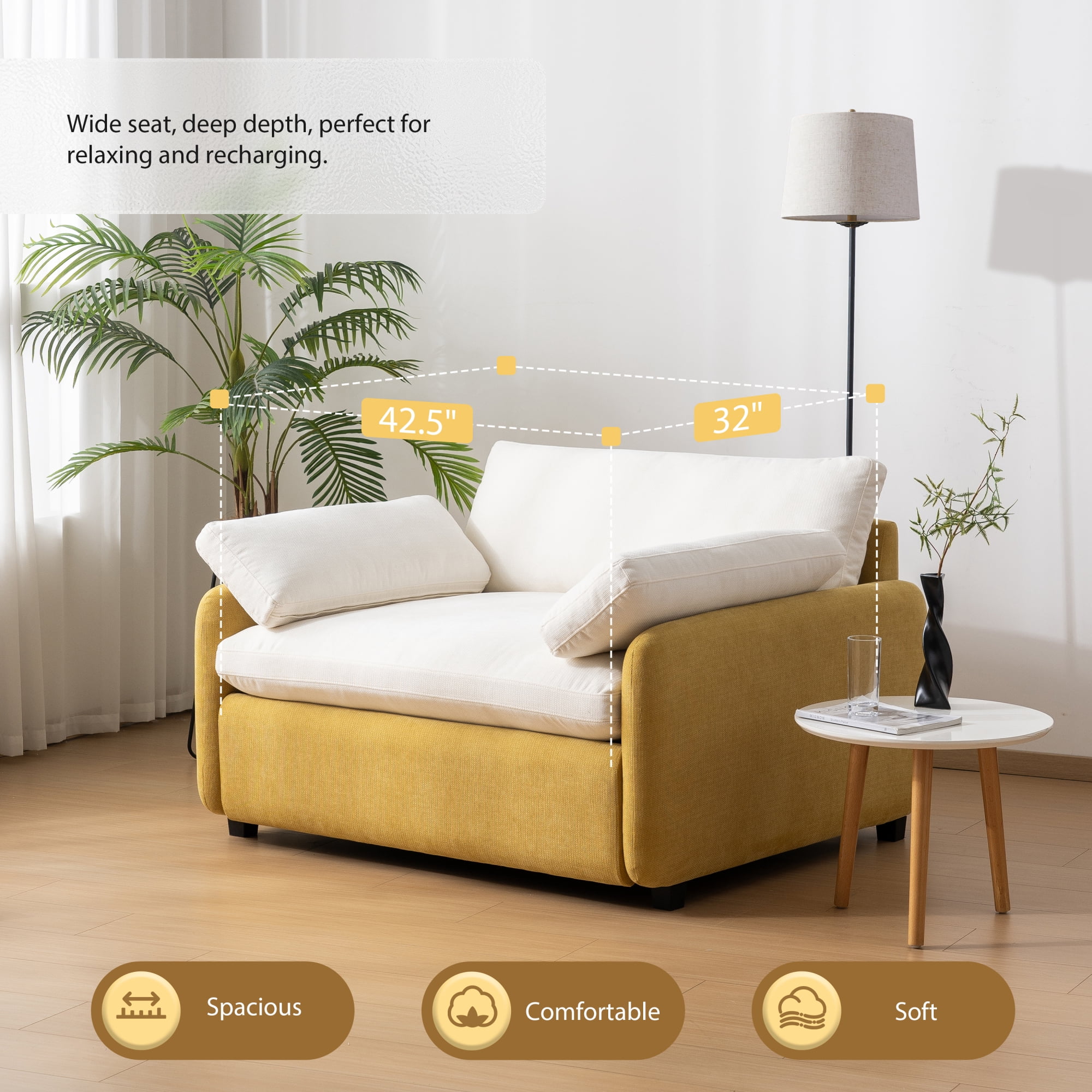 Leumius 50" Oversized Single Sofa Chair, Chenille Accent Chair with Wide and Deep Seat, Upholstered Armchair with Pillows for Living Room,Apartment,Bedroom, Cream+Yellow