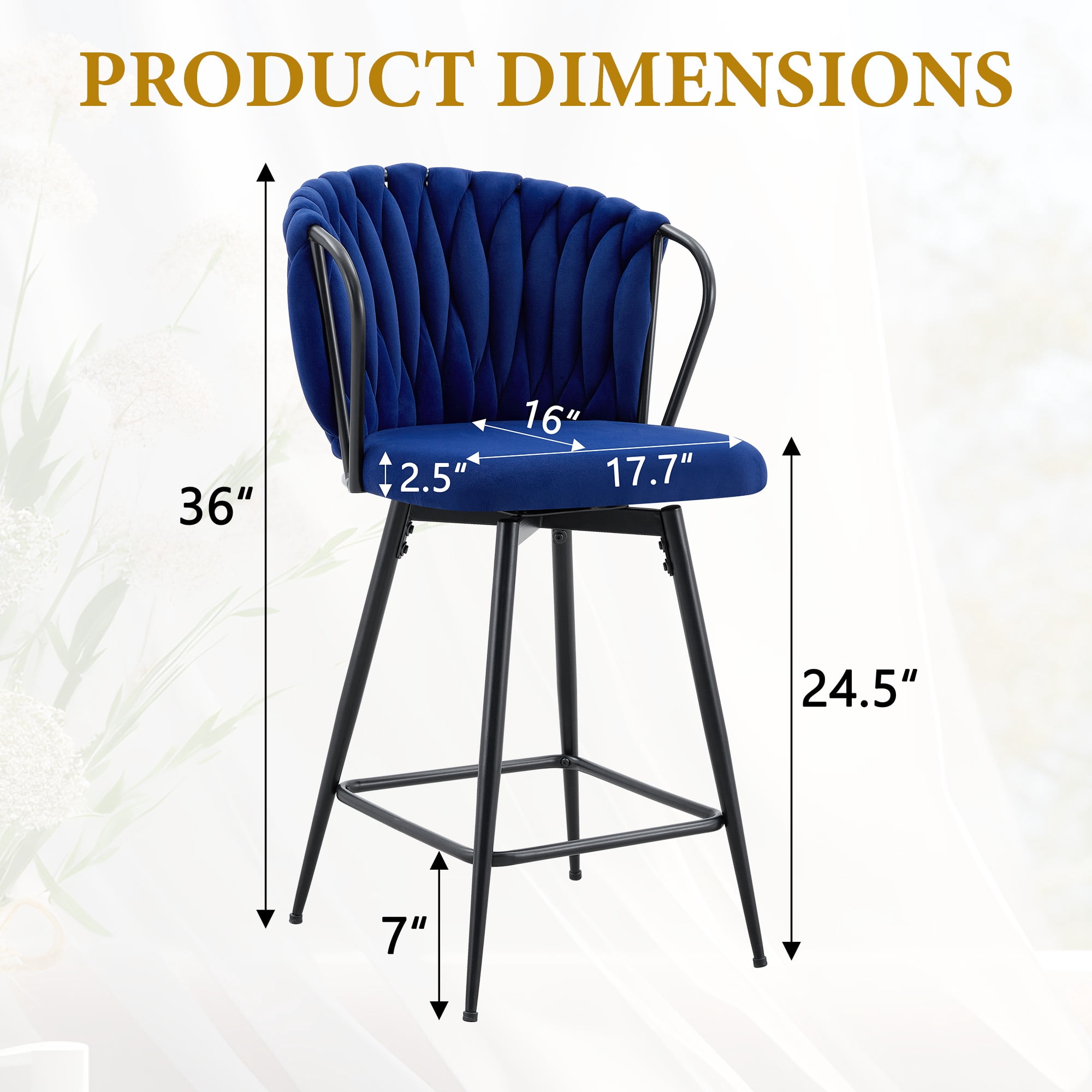 Alvantor Set of 2 Blue Velvet Braided Counter Height Bar Stools with Metal Frame