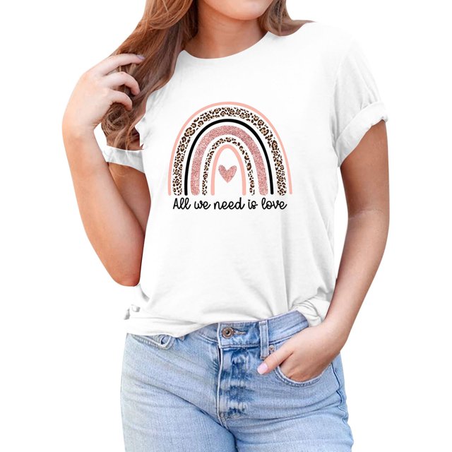 Pntutb - Camiseta de manga corta con estampado de arcoíris de leopardo y cuello redondo para mujer Pntutb Pntutb-7852
