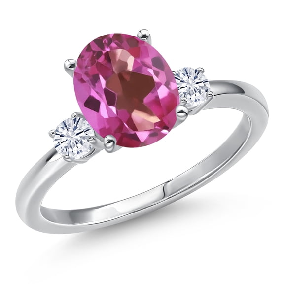 Gem Stone King 14K White Gold Pink Mystic Topaz and White Moissanite Engagement Ring for Women | 3.45 Cttw | Oval 10X8MM | Gemstone November Birthstone | Size 5