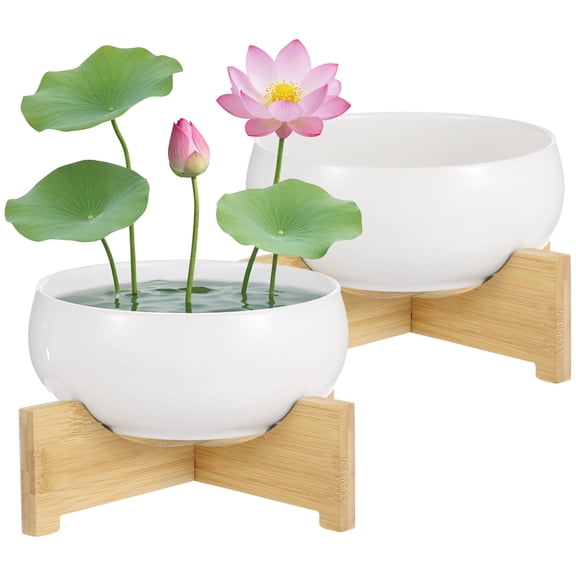 2 Pcs Lotus Bowl Planters with Bases,White Ceramic Plant Bowls with Wooden Stands, No-Hole Lily Flower Pots for Water Plants, Indoor Hydroponic Planters for Decor