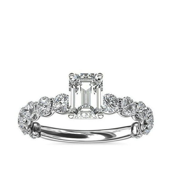 1.35 T.C.W Brilliant Emerald Shaped Real Diamond Beautiful Solitaire with Accents Engagement Ring for her Solid 14K White Gold Size 7