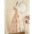 thumbnail image 3 of Apricot Floral Organza Midi Dress With Puff Sleeves And Sweetheart Neckline, 3 of 7