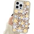 thumbnail image 5 of Compatible with iPhone 15 Pro Bling Case with Strap, Luxury Glitter Rhinestone Diamond Crystal Sparkle Rose Flower Pearl Floral Bracelets Soft Bumper Case Cover for Women Girls Yellow, 5 of 14